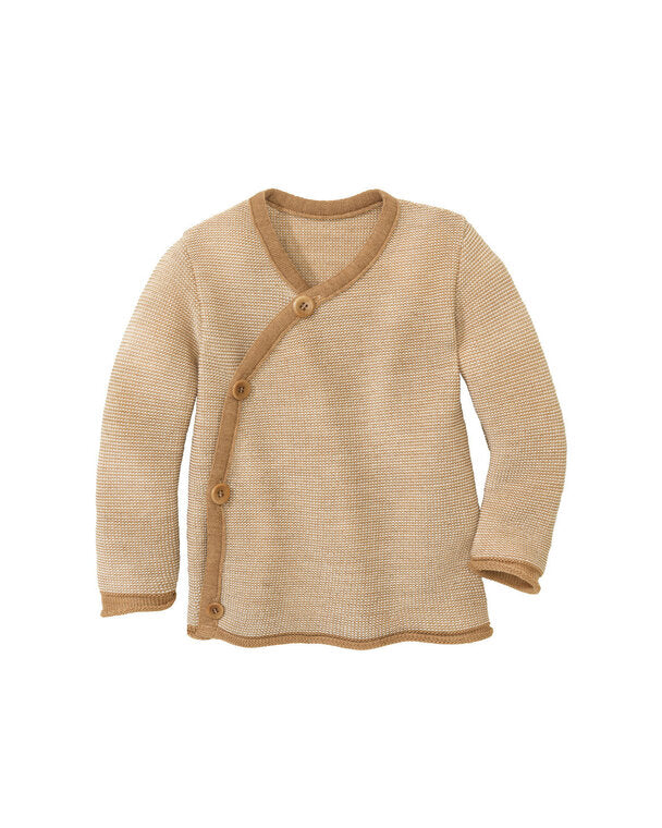 Maglioncino aperto a kimono in lana merino bio 0-3 anni // mélange caramel - natural